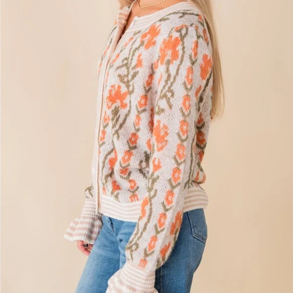 Beige and Burnt Orange Boho Floral Intarsia Knit button up Cardigan Sweater - Picture 5 of 6